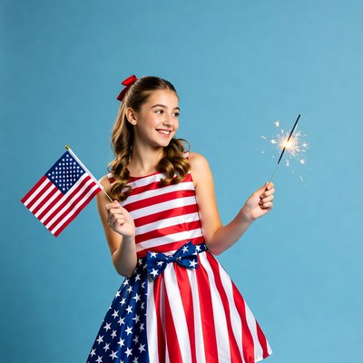 Girl holding sparkler and American flag