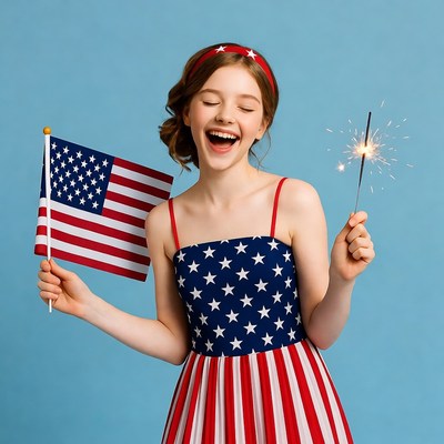 Girl holding flag and sparkler