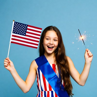 Girl holding sparkler and American flag
