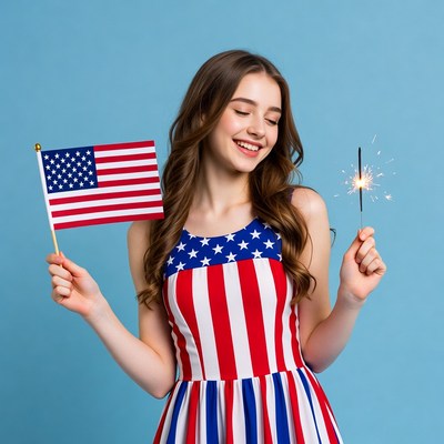 Girl holding American flag and sparkler