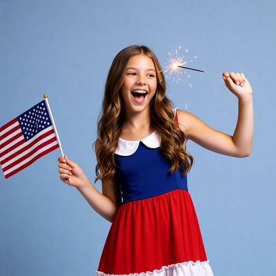 Girl holding sparkler and American flag