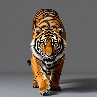 Tiger stalking on gray background