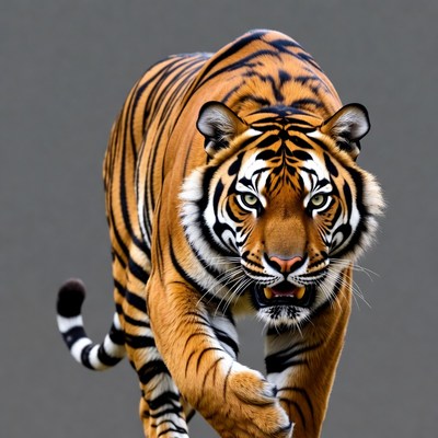 Tiger stalking on gray background