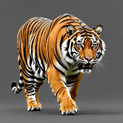 Roaring tiger walking on gray background