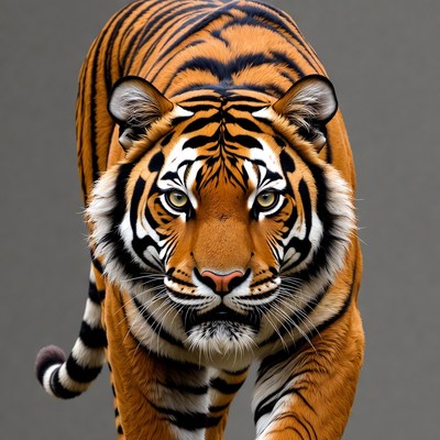 Tiger stalking forward on gray background