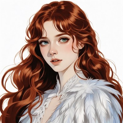 Redhead woman in white fur coat