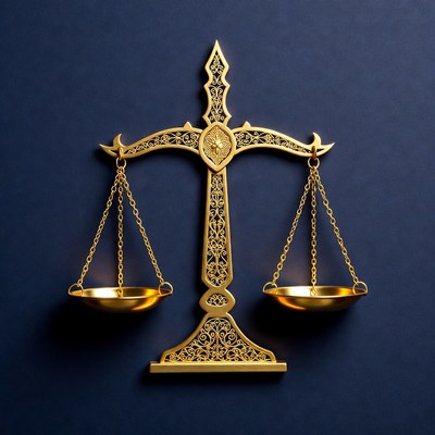 Golden Scales of Justice on Blue Background