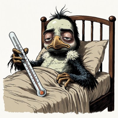 Sick cartoon bird checking thermometer
