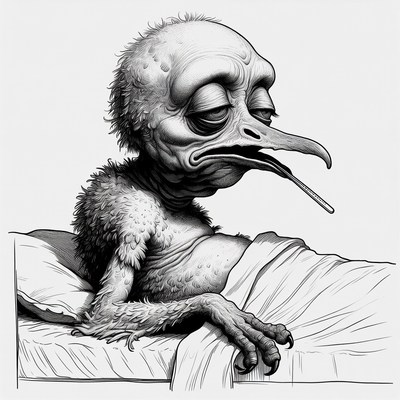 Sick cartoon bird in bed