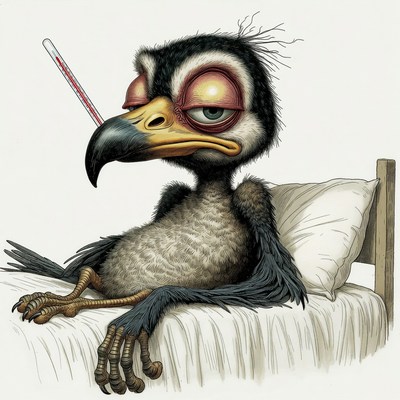 Sick cartoon secretary bird in bed