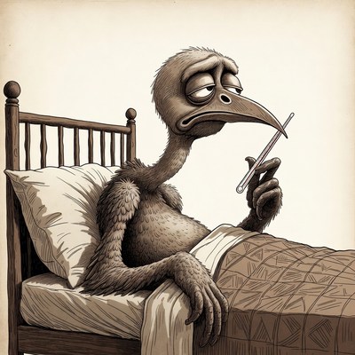 Sick cartoon ostrich in bed with thermometer
