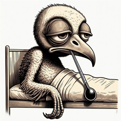 Sick baby bird in bed with thermometer