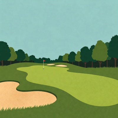 Golf course with bunkers and flag