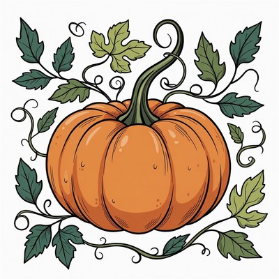 Pumpkin with Green Leaves Illustration