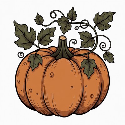Pumpkin with vines and leaves