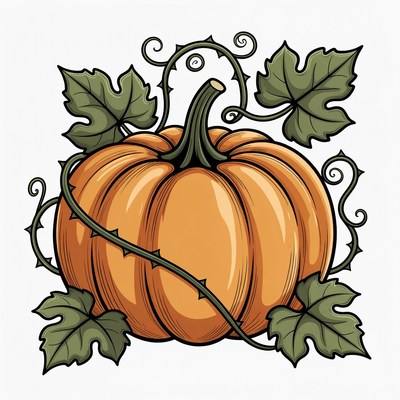 Orange Pumpkin with Vines and Leaves