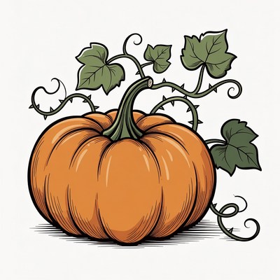 Orange Pumpkin with Vines and Leaves