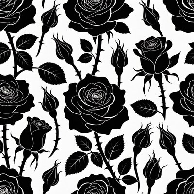 Black Silhouette Roses Seamless Pattern