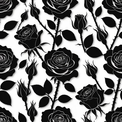 Black Silhouette Roses Seamless Pattern