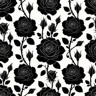 Black Silhouette Roses Seamless Pattern