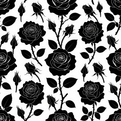 Black Silhouette Roses Seamless Pattern