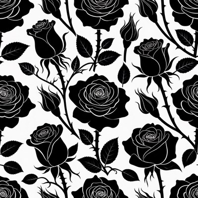 Black Outline Roses Seamless Pattern