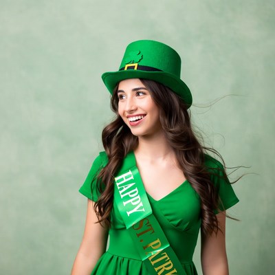 Woman in green leprechaun hat St. Patrick's sash