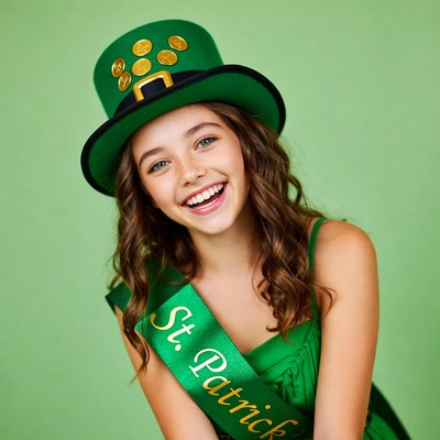 Girl in green St. Patrick's hat and sash