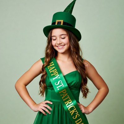 Girl in green leprechaun hat St. Patrick's sash