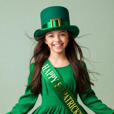 Girl in green St. Patrick's hat and sash