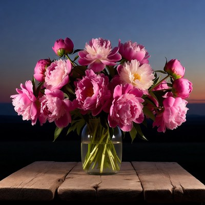 Pink Peonies Bouquet in Glass Vase