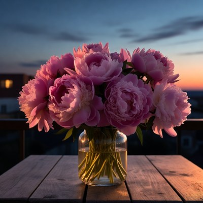 Pink Peonies in Vase at Sunset