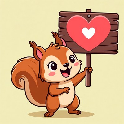 Cute squirrel holding heart sign