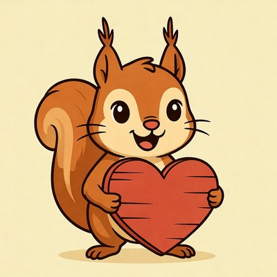Cute squirrel holding red heart