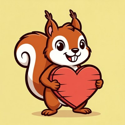 Cute squirrel holding red heart