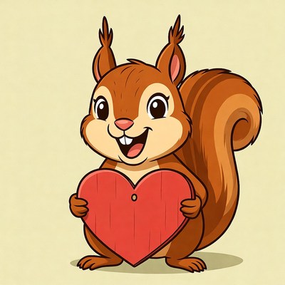 Cute squirrel holding red heart