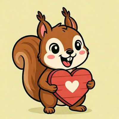 Cute squirrel holding red heart