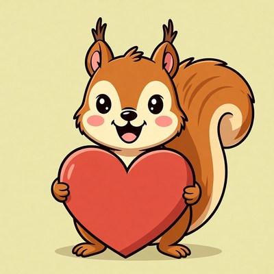 Cute squirrel holding red heart