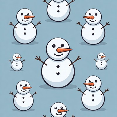 Cartoon Snowmen on Blue Background