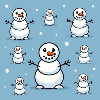Cartoon Snowmen on Blue Background