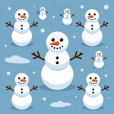 Cartoon Snowmen on Blue Background