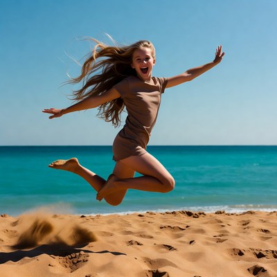 Blonde girl jumping on beach