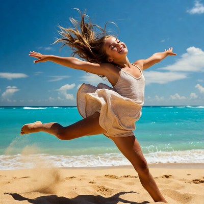 Blonde girl jumping on beach
