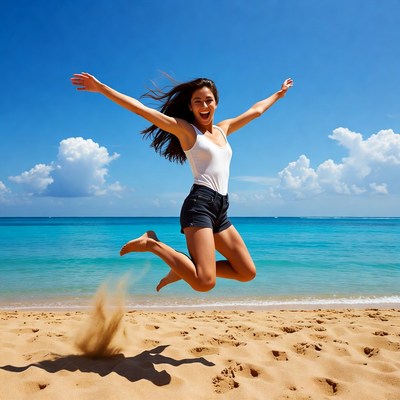 Asian woman jumping on beach