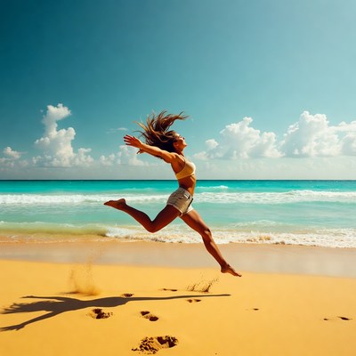 Woman jumping on sunny beach