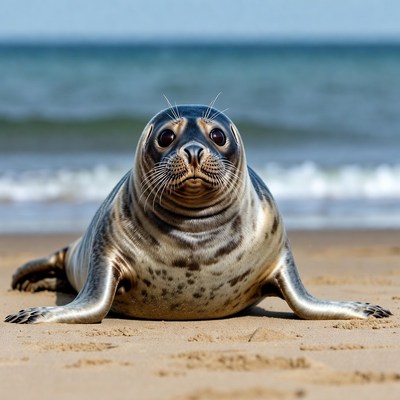 Seal on beach by ocean