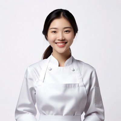 Asian woman in white chef uniform