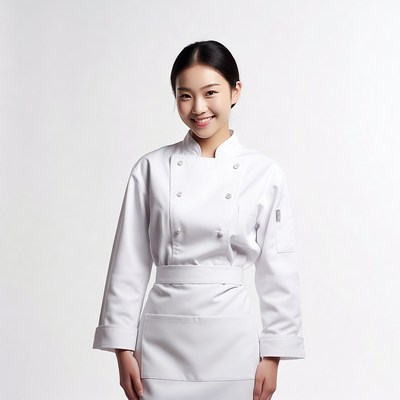 Asian woman in white chef uniform