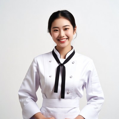 Asian woman in white chef uniform