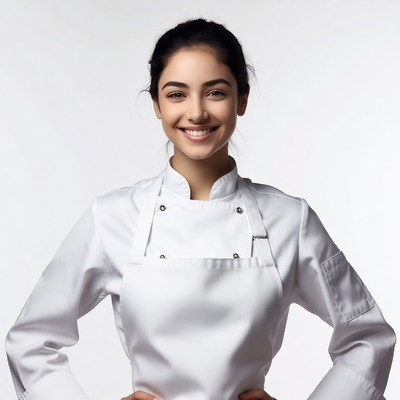 Smiling woman chef in white uniform